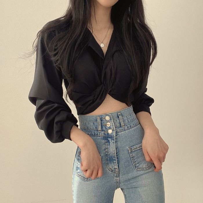 Pydshop discover style ideas Chic Early Spring French Style Niche Design Back Lace-up Butterfly Knot Navel Short Shirt Top for Women