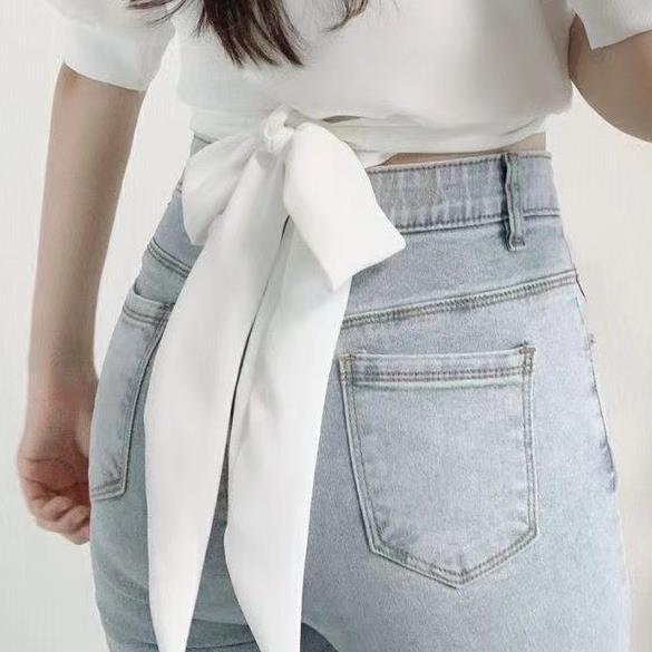 Pydshop discover style ideas Chic Summer French Style Niche Design Cross V-neck Lace-up Waist Short White Shirt Top for Women