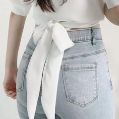 Pydshop discover style ideas Chic Summer French Style Niche Design Cross V-neck Lace-up Waist Short White Shirt Top for Women
