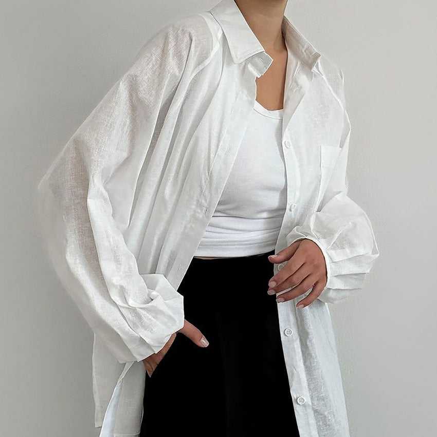 Pydshop casual dinner outfit fall Pure Cotton See-through High-Grade Loose Casual Women's Shirt 2024 Autumn and Winter Long-Sleeved Top for Women