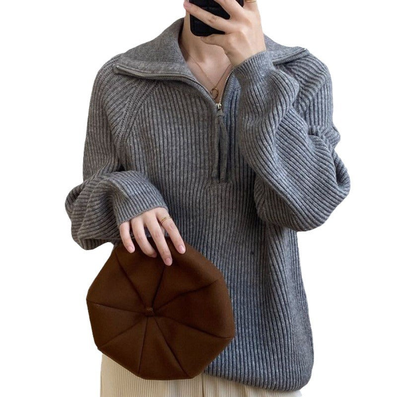 Pydshop clothes Women's Korean-Style Half-Zip Pullover Autumn and Winter Soft Glutinous Loose Lazy Style Knitted Top