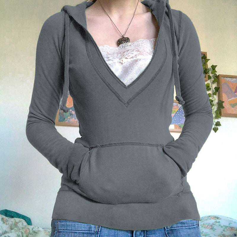 Pydshop dream clothes Women's T-shirt Slim-Fit Slimming Lace Deep V-neck Hoodie Drawstring Large Pocket Stitching Top Su3093