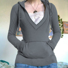 Pydshop dream clothes Women's T-shirt Slim-Fit Slimming Lace Deep V-neck Hoodie Drawstring Large Pocket Stitching Top Su3093