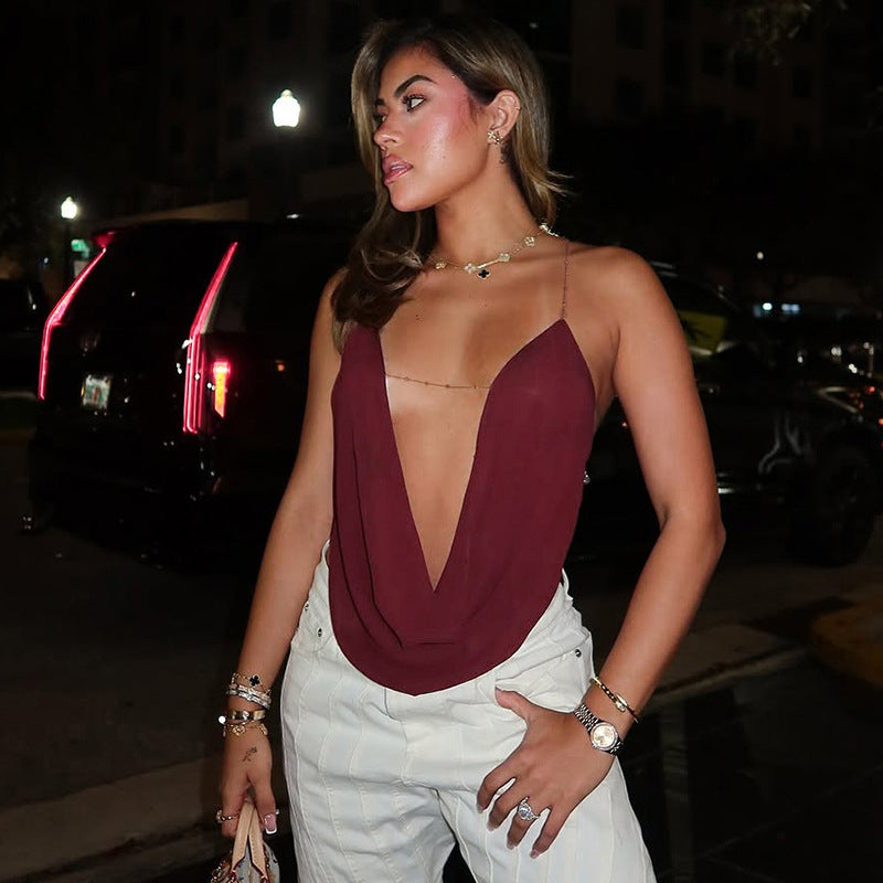 Lace-up printed chain halter neck sleeveless top