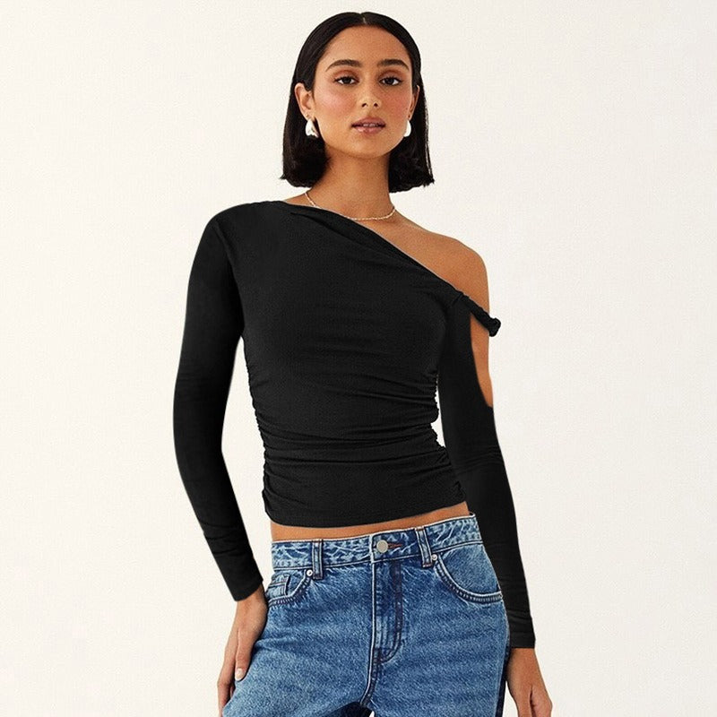 Pydshop date night outfit 2024 Summer New Women's Solid Color One-Shoulder Diagonal Collar Pleated Asymmetric Sexy Slim Top