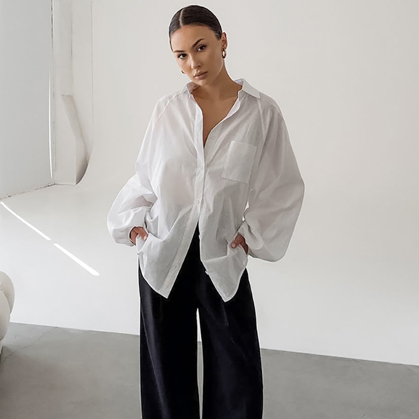 Pydshop casual dinner outfit fall Pure Cotton See-through High-Grade Loose Casual Women's Shirt 2024 Autumn and Winter Long-Sleeved Top for Women