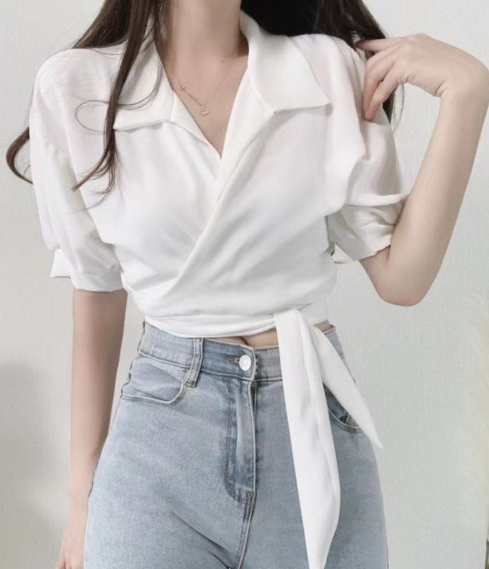 Pydshop discover style ideas Chic Summer French Style Niche Design Cross V-neck Lace-up Waist Short White Shirt Top for Women