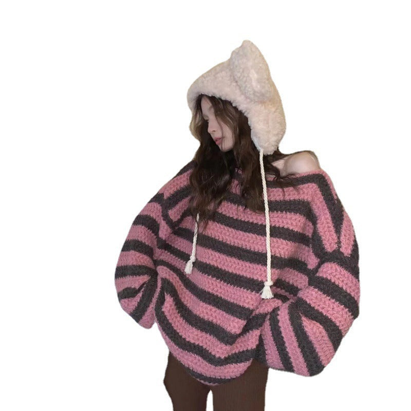 Pydshop fall outfits 2024 2024 Loose Lazy Retro Thick Loose Striped Sweater Women's Spring and Autumn off-the-Neck Thick Sweater Top