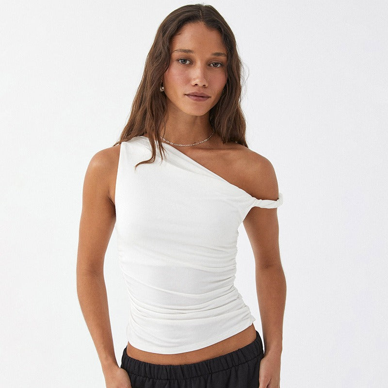 Pydshop date night outfit 2024 Summer New Women's Solid Color One-Shoulder Diagonal Collar Pleated Asymmetric Sexy Slim Top