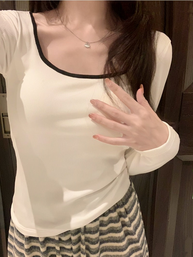 Pydshop casual fall outfits Long Sleeve Brushed Thickened Slim-Fit Square Collar Collarbone T-shirt Women's Winter Undershirt with Chest Pad Warm Top