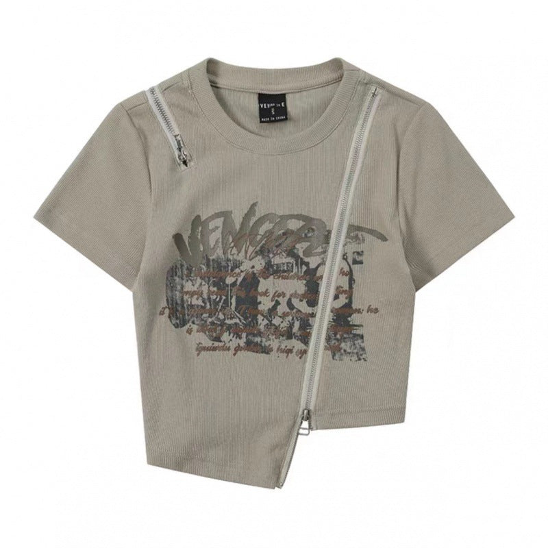 Pydshop 90s streetwear New Style Heavy-Duty Zipper Irregular Shoulder T-shirt American Retro Short-Sleeved Design Slim-Fit Slimming Top