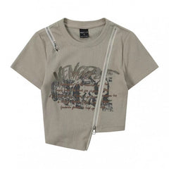 Pydshop 90s streetwear New Style Heavy-Duty Zipper Irregular Shoulder T-shirt American Retro Short-Sleeved Design Slim-Fit Slimming Top