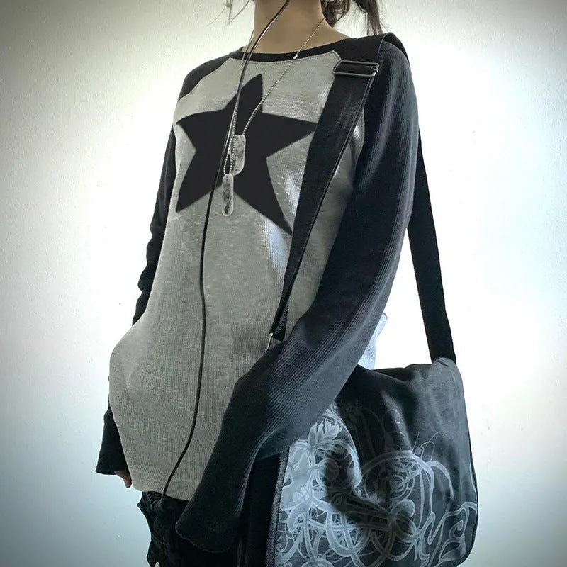 Pydshop grunge outfits Fashion Women's Clothing Contrast Color New Autumn and Winter New Casual Sweater Star Top Long Sleeve