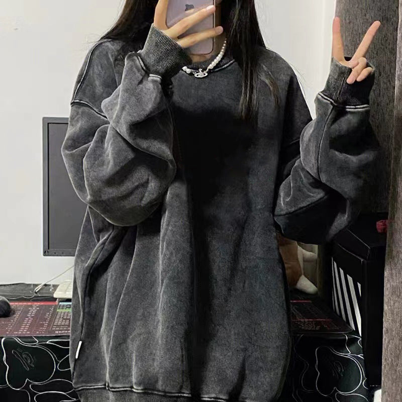 Pydshop grunge outfits American High Street Trendy Men's Linen Gray round Neck Cotton Sweater Women's Distressed Fashion Loose Top
