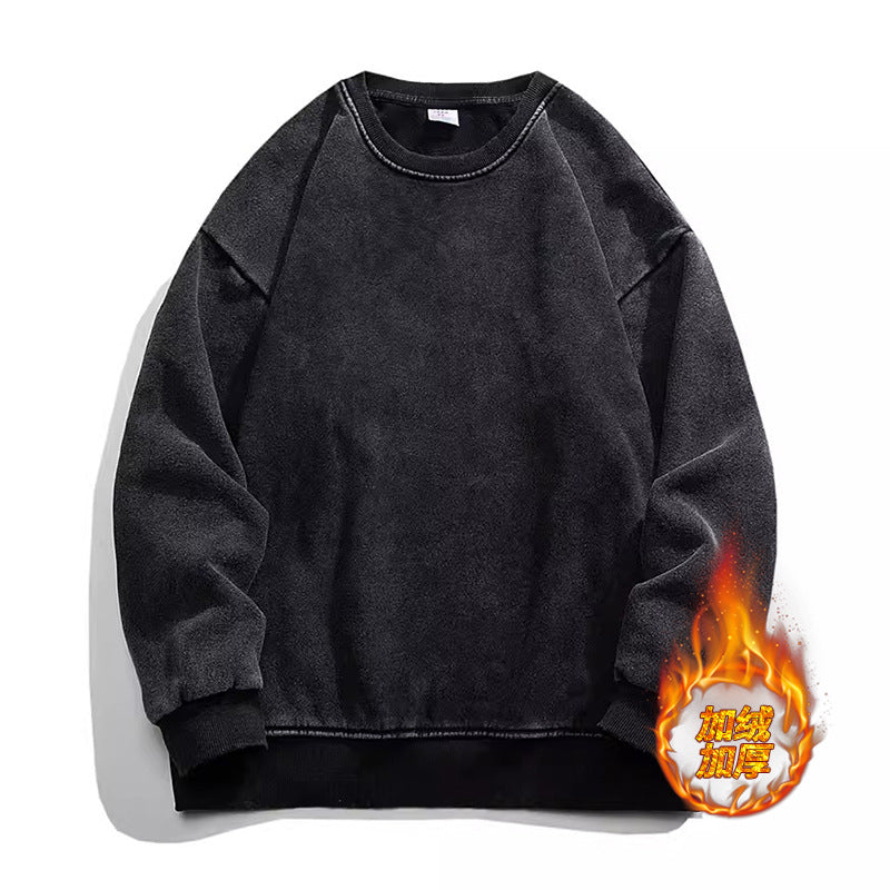 Pydshop grunge outfits American High Street Trendy Men's Linen Gray round Neck Cotton Sweater Women's Distressed Fashion Loose Top