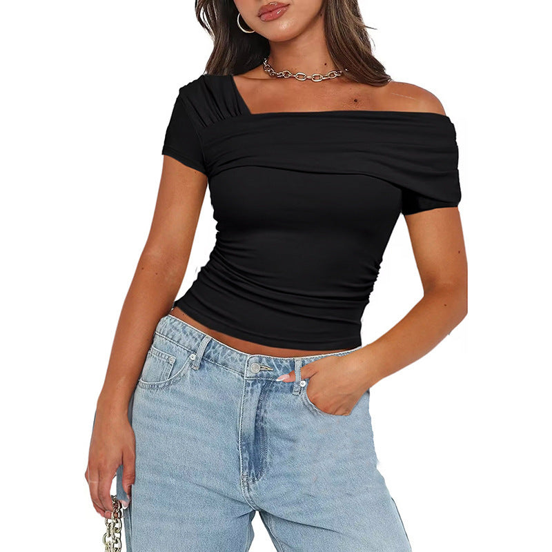 Pydshop date night outfit 2024 Summer New Women's Solid Color One-Shoulder Diagonal Collar Pleated Asymmetric Sexy Slim Top