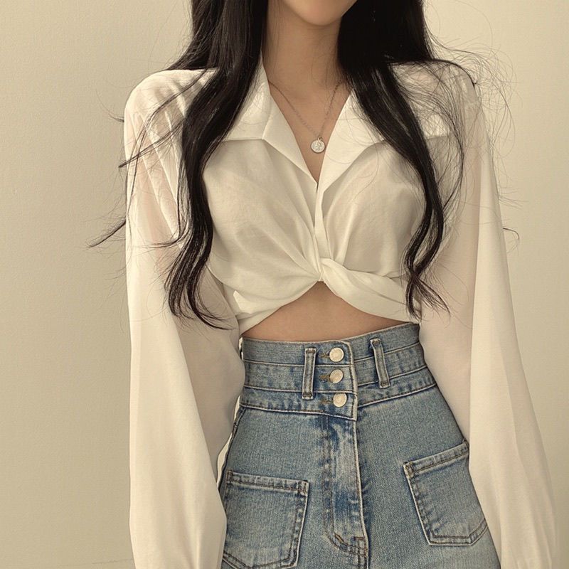 Pydshop discover style ideas Chic Early Spring French Style Niche Design Back Lace-up Butterfly Knot Navel Short Shirt Top for Women