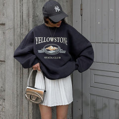 Pydshop back 2 school outfits American-Style Retro Letter Printed Sweater off-Shoulder Loose Cotton Long-Sleeved Top High-Grade round Neck Women's Autumn