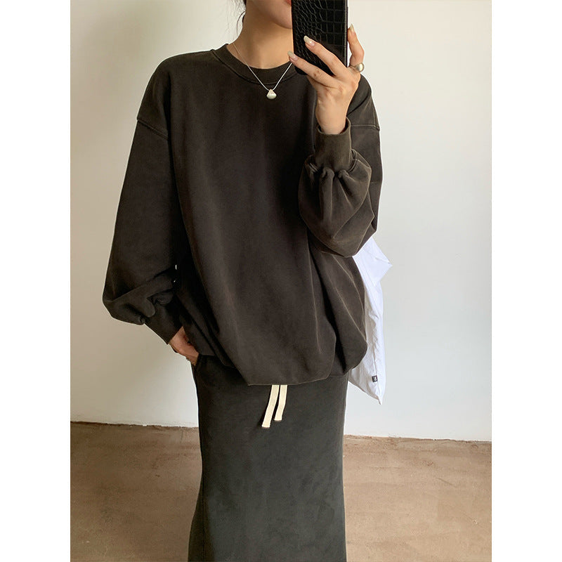 Pydshop grunge outfits Pleated Top for Women 2024 Autumn New Washed Distressed Hem Elastic Wide Sweater