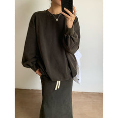 Pydshop grunge outfits Pleated Top for Women 2024 Autumn New Washed Distressed Hem Elastic Wide Sweater