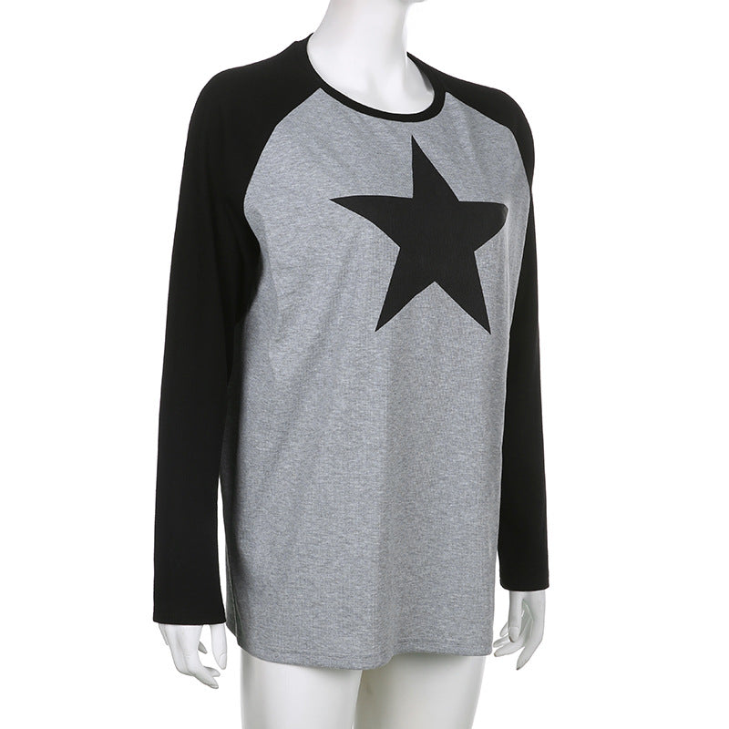 Pydshop grunge outfits Fashion Women's Clothing Contrast Color New Autumn and Winter New Casual Sweater Star Top Long Sleeve