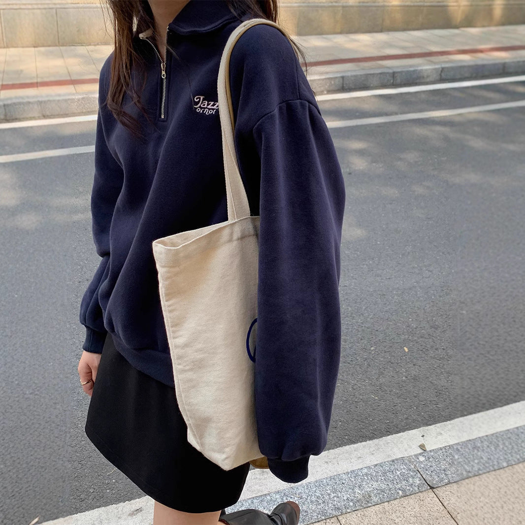Pydshop fashion outfits 2024 Winter Korean Style Loose Polo Collar Zipper Sweater Women's Lazy Style Fleece-lined Long Sleeve Top Loose Women's Sweater