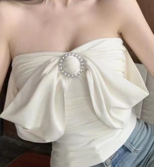 Pydshop 2000s fashion Pearl Decorative off-Shoulder Top Women's Summer New Sexy Hot Girl Tight Pleated off-Shoulder T-shirt