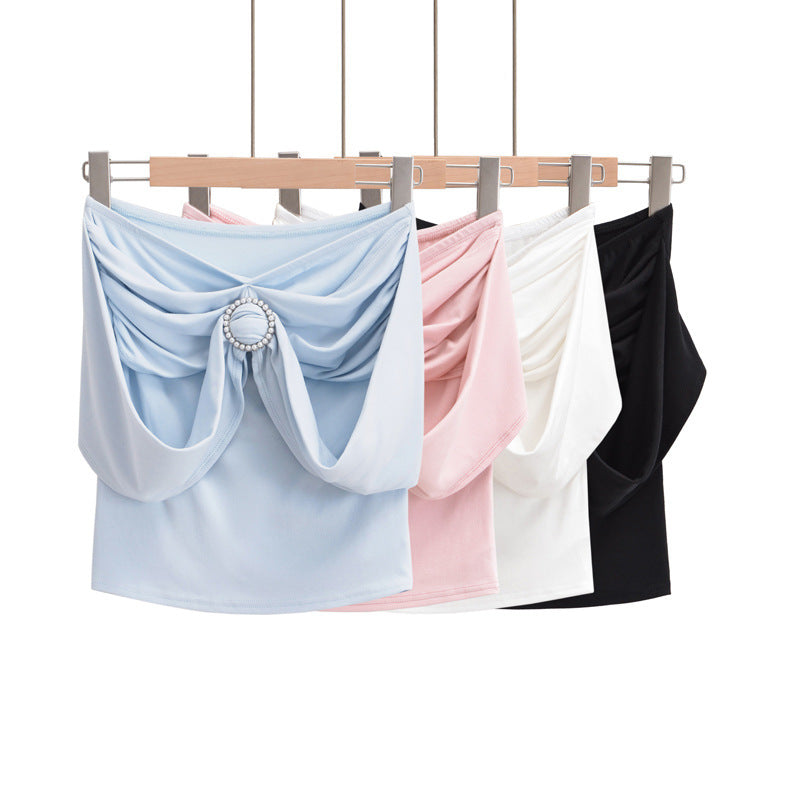 Pydshop 2000s fashion Pearl Decorative off-Shoulder Top Women's Summer New Sexy Hot Girl Tight Pleated off-Shoulder T-shirt