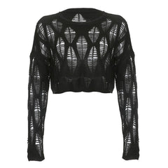 Pydshop y2k outfits Knitted Blouse T Top Summer and Autumn Women's Clothing Hot Girl Sexy Ripped Dark Hollow Long Sleeve