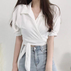 Pydshop discover style ideas Chic Summer French Style Niche Design Cross V-neck Lace-up Waist Short White Shirt Top for Women
