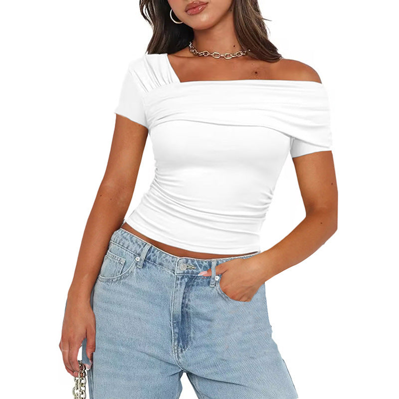 Pydshop date night outfit 2024 Summer New Women's Solid Color One-Shoulder Diagonal Collar Pleated Asymmetric Sexy Slim Top
