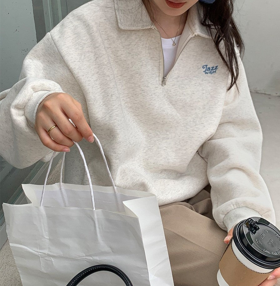 Pydshop fashion outfits 2024 Winter Korean Style Loose Polo Collar Zipper Sweater Women's Lazy Style Fleece-lined Long Sleeve Top Loose Women's Sweater