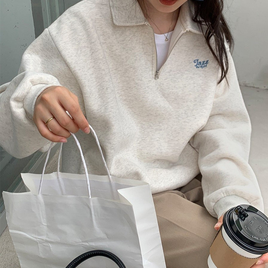 Pydshop fashion outfits 2024 Winter Korean Style Loose Polo Collar Zipper Sweater Women's Lazy Style Fleece-lined Long Sleeve Top Loose Women's Sweater