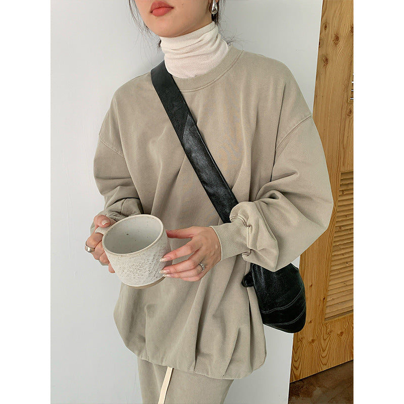 Pydshop grunge outfits Pleated Top for Women 2024 Autumn New Washed Distressed Hem Elastic Wide Sweater