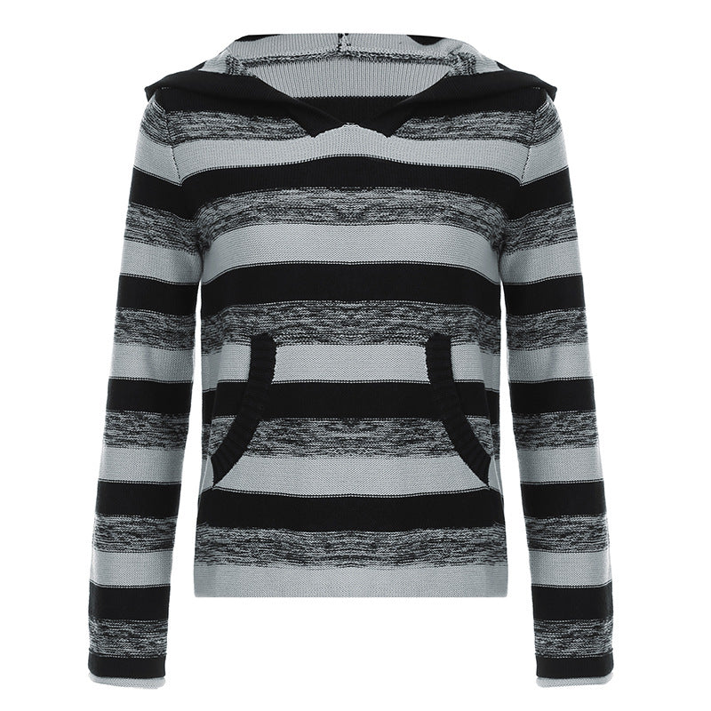 Pydshop dream clothes American Street Contrast Color Striped Loose Sweater Autumn Casual Lazy Style Hooded Casual Woolen Top for Women