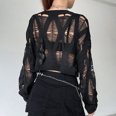 Pydshop y2k outfits Knitted Blouse T Top Summer and Autumn Women's Clothing Hot Girl Sexy Ripped Dark Hollow Long Sleeve