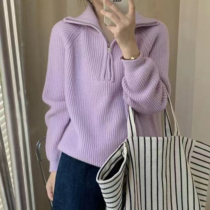 Pydshop clothes Women's Korean-Style Half-Zip Pullover Autumn and Winter Soft Glutinous Loose Lazy Style Knitted Top