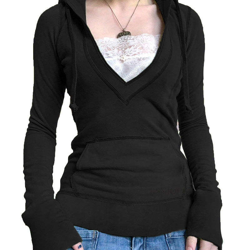 Pydshop dream clothes Women's T-shirt Slim-Fit Slimming Lace Deep V-neck Hoodie Drawstring Large Pocket Stitching Top Su3093