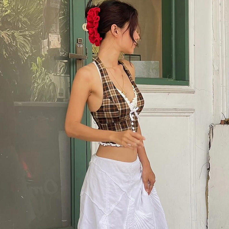 Pydshop Etty Retro Plaid Halter Top