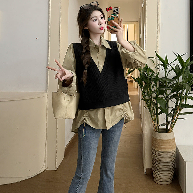 Pydshop misunderstood outfit Spring New Korean Style Loose Fashion Striped Fake Two-Piece Stitching Shirt Maternity Top