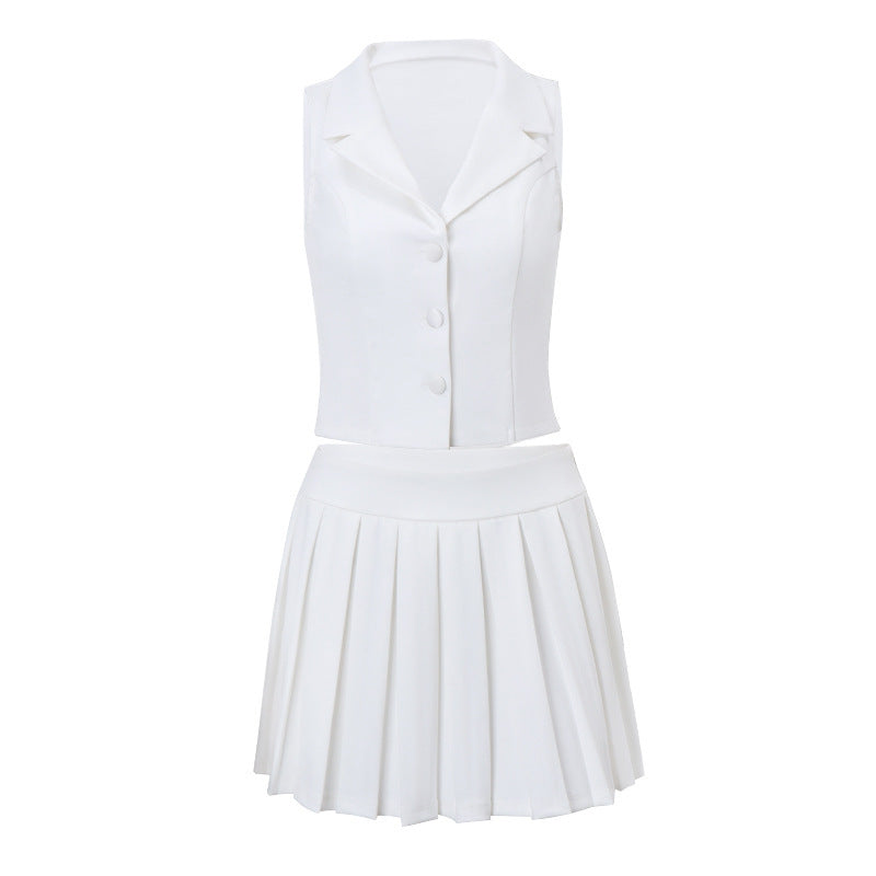 V-Neck Elegant Vest Slim Fit Pleated Skirt Suit