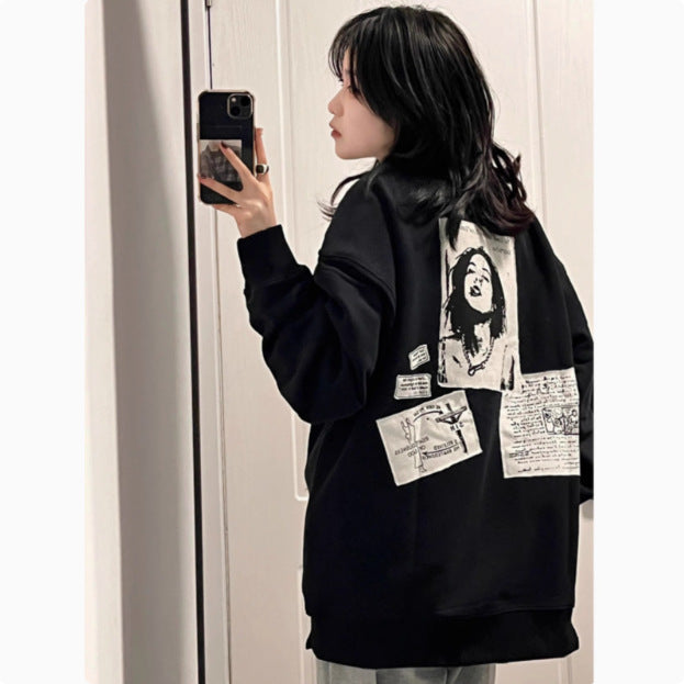 Pydshop grunge outfits Black American round Neck Sweater for Women Spring and Autumn 2024 New Oversize Hooded Retro Loose Long Sleeve Top