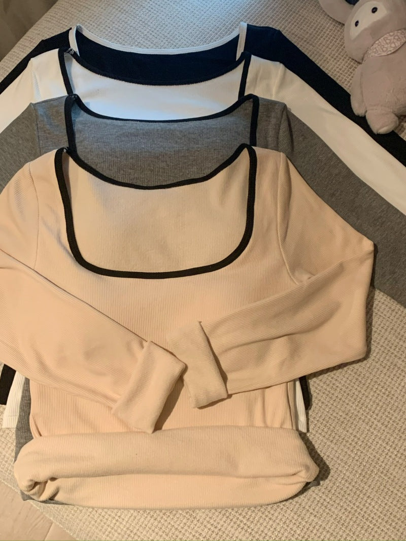 Pydshop casual fall outfits Long Sleeve Brushed Thickened Slim-Fit Square Collar Collarbone T-shirt Women's Winter Undershirt with Chest Pad Warm Top