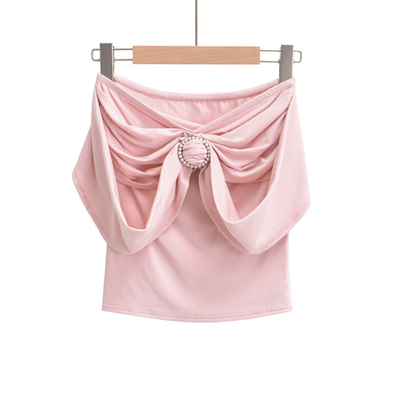 Pydshop 2000s fashion Pearl Decorative off-Shoulder Top Women's Summer New Sexy Hot Girl Tight Pleated off-Shoulder T-shirt