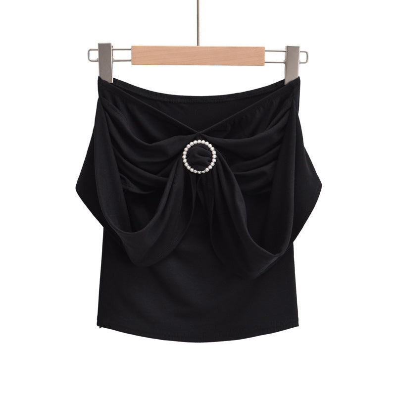 Pydshop 2000s fashion Pearl Decorative off-Shoulder Top Women's Summer New Sexy Hot Girl Tight Pleated off-Shoulder T-shirt