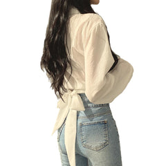 Pydshop discover style ideas Chic Early Spring French Style Niche Design Back Lace-up Butterfly Knot Navel Short Shirt Top for Women