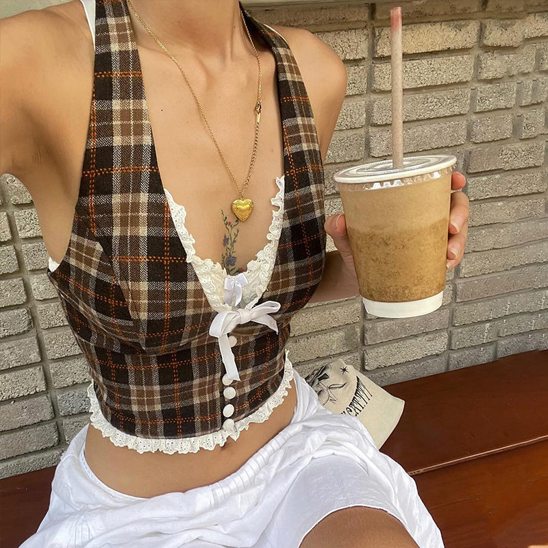 Pydshop Etty Retro Plaid Halter Top
