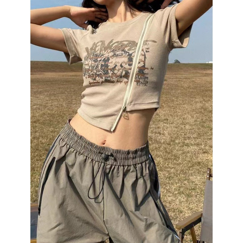 Pydshop 90s streetwear New Style Heavy-Duty Zipper Irregular Shoulder T-shirt American Retro Short-Sleeved Design Slim-Fit Slimming Top