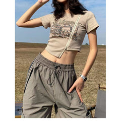Pydshop 90s streetwear New Style Heavy-Duty Zipper Irregular Shoulder T-shirt American Retro Short-Sleeved Design Slim-Fit Slimming Top