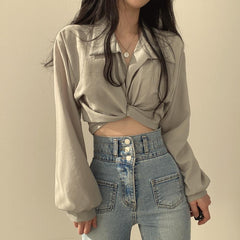 Pydshop discover style ideas Chic Early Spring French Style Niche Design Back Lace-up Butterfly Knot Navel Short Shirt Top for Women